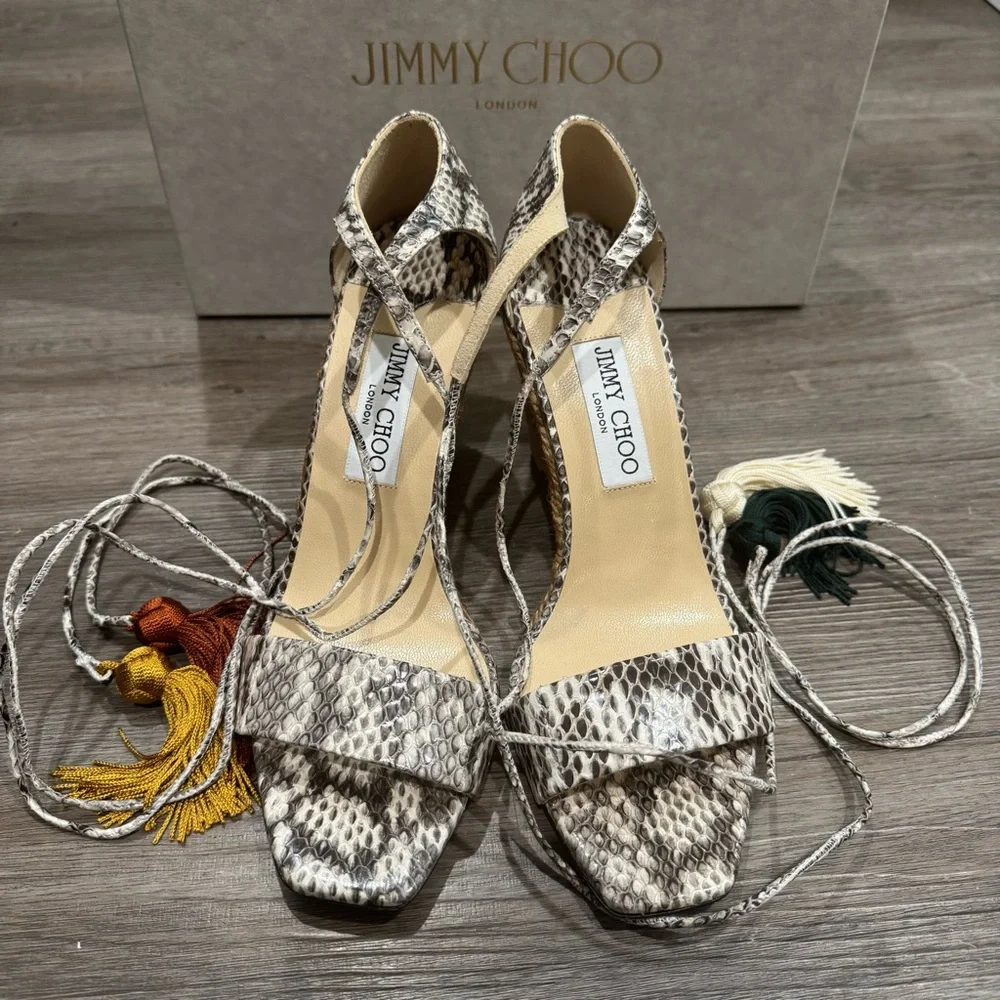 Jimmy Choo Deva 85 Roccia Snakeskin Leather Wrap Around Tassel Wedge Sandal